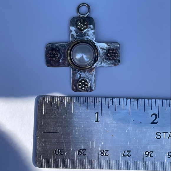 Rare square cross silver pendant signed marked designer artisan pearl vintage - Picture 5 of 9